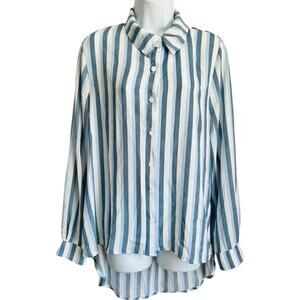 Emi & Joe Blue Cream Pinstripe Button Up Blouse Top Size M High-Low Indie Preppy